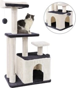 Merkloos MC Star Krabpaal 100cm Met Schraper Meerdere Platforms, Tweedeurs Kattengrotten, Speelgoedballen Met Bellen, Krabbed Natuurlijk Sisal Katten Spelletjes - Grijs&Beige, 100cm -Huisdier Verkoop 1030x1200 6