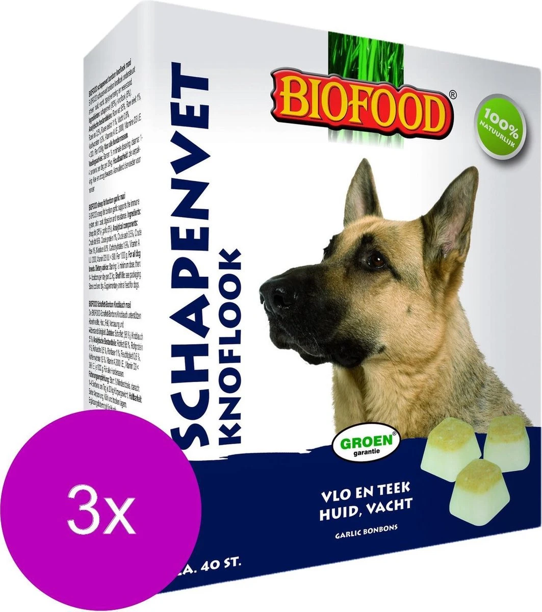 Biofood Schapenvetbonbons Met Knoflook - Hond - Voedingssupplement - 3 X 40 Bonbons 3 Biofood Schapenvetbonbons Met Knoflook - Hond - Voedingssupplement - 3 X 40 Bonbons