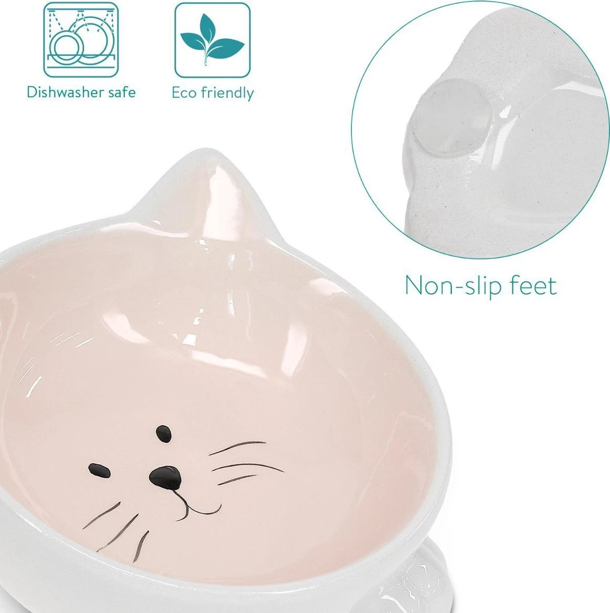 Navaris Voerbakjes Voor Katten - Set Van 2 Voer- En Waterbakken - Etensbak Van Keramiek - Met Antislip Voetjes - Kattenvorm - Roze/Groen 8 Navaris Voerbakjes Voor Katten - Set Van 2 Voer- En Waterbakken - Etensbak Van Keramiek - Met Antislip Voetjes - Kattenvorm - Roze/Groen - Afbeelding 6