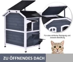 PawHut Kattenhuis Voor Buiten Kattenhut Met 2 Verdiepingen Kattenvilla, Asfaltdak, Massief Hout Grijs D30-236 -Huisdier Verkoop 1200x1026 12