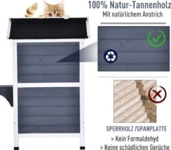 PawHut Kattenhuis Voor Buiten Kattenhut Met 2 Verdiepingen Kattenvilla, Asfaltdak, Massief Hout Grijs D30-236 -Huisdier Verkoop 1200x1054 13