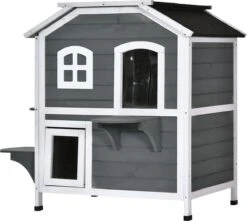 PawHut Kattenhuis Voor Buiten Kattenhut Met 2 Verdiepingen Kattenvilla, Asfaltdak, Massief Hout Grijs D30-236 -Huisdier Verkoop 1200x1074 9
