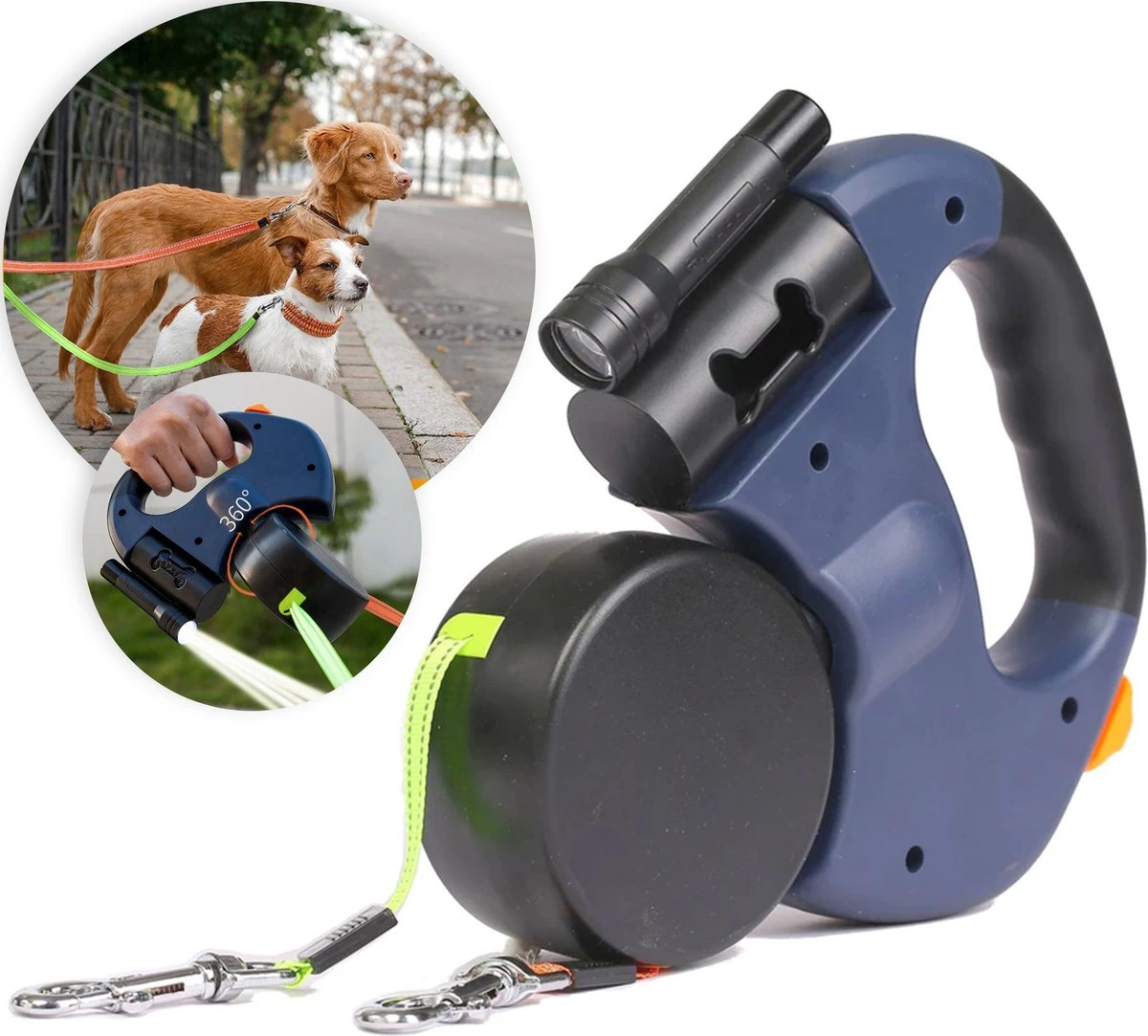 Dubbele Honden Riem – Leiband Hond – Hondenlijn – Looplijn Hond – 2 Honden – 3 Meter – Tot 12kg Per Hond – Reflecterende Lijnen – Met Zaklamp – 360° Draaien – Verstelbaar - Navy Blauw 3 Dubbele Honden Riem – Leiband Hond – Hondenlijn – Looplijn Hond – 2 Honden – 3 Meter – Tot 12kg Per Hond – Reflecterende Lijnen – Met Zaklamp – 360° Draaien – Verstelbaar - Navy Blauw