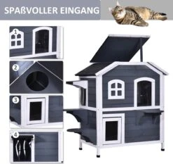 PawHut Kattenhuis Voor Buiten Kattenhut Met 2 Verdiepingen Kattenvilla, Asfaltdak, Massief Hout Grijs D30-236 -Huisdier Verkoop 1200x1130 11