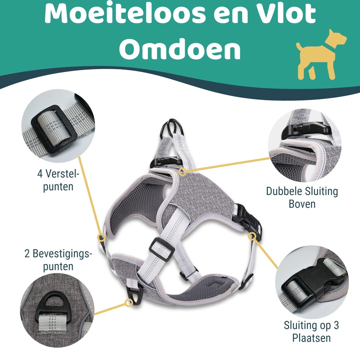 Mmoods Hondentuigje Grijs - Anti-Trek Tuig Voor Puppy's - Hondenharnas Voor Kleine Honden - Reflecterende Halsband Hond - Hondenhalsband Maat S 10 Mmoods Hondentuigje Grijs - Anti-Trek Tuig Voor Puppy's - Hondenharnas Voor Kleine Honden - Reflecterende Halsband Hond - Hondenhalsband Maat S - Afbeelding 8