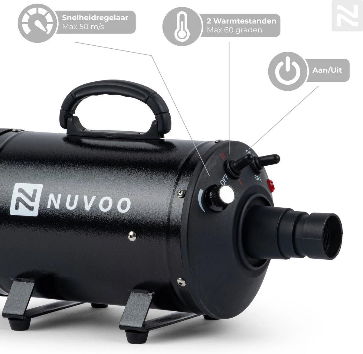 Nuvoo Professionele Hondenföhn / Waterblazer / Hondenborstel Met 3 Opzetstukken - Verstelbare Vermogen Tot 2200W - Warme / Koude Stand - Zwart 5 Nuvoo Professionele Hondenföhn / Waterblazer / Hondenborstel Met 3 Opzetstukken - Verstelbare Vermogen Tot 2200W - Warme / Koude Stand - Zwart - Afbeelding 3