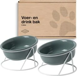 GIZMO 2x Voerbak Kat/Hond (Groot) - 800ML - Donkergroen - Keramische Drink- & Voerbakken Met Standaard - 17.5 Cm - 2 Stuks
