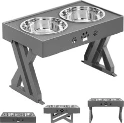 Mastersøn Dubbel En Verhoogde Hond Voerbak Met Standaard – Hondenvoerbak – Anti Schrokbak En Drinkbak - Verstelbaar - Grijs