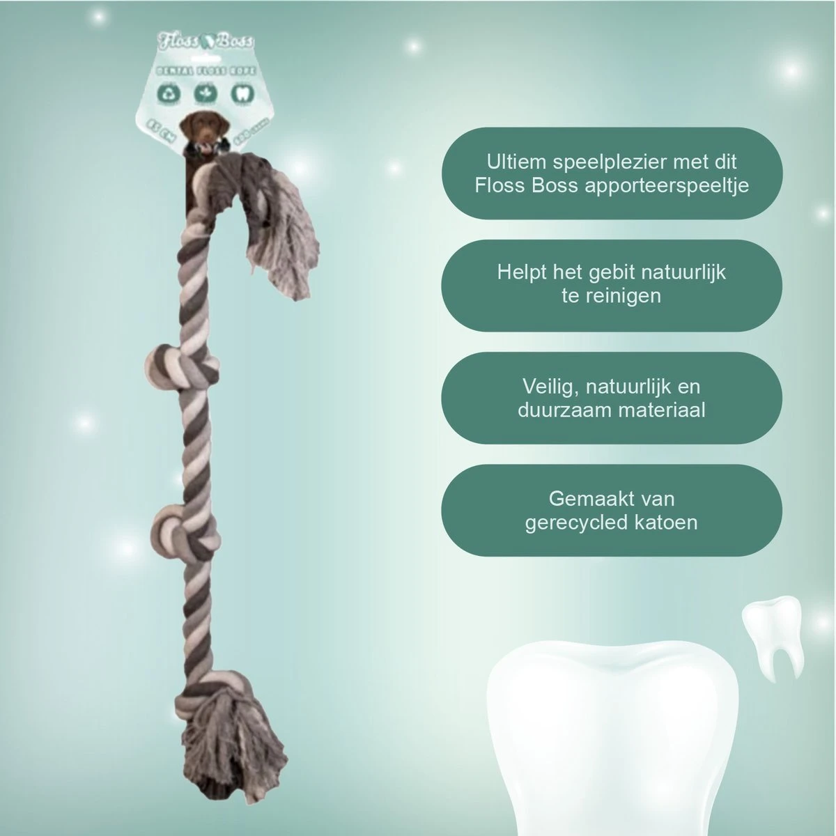 Floss Boss Flostouw – Zeer Stevig En Veilig Hondenspeelgoed – Hondentouw Van Gerecycled Katoen – Grijs Trektouw – 85cm – 600g – 4 Knopen 6 Floss Boss Flostouw – Zeer Stevig En Veilig Hondenspeelgoed – Hondentouw Van Gerecycled Katoen – Grijs Trektouw – 85cm – 600g – 4 Knopen - Afbeelding 4