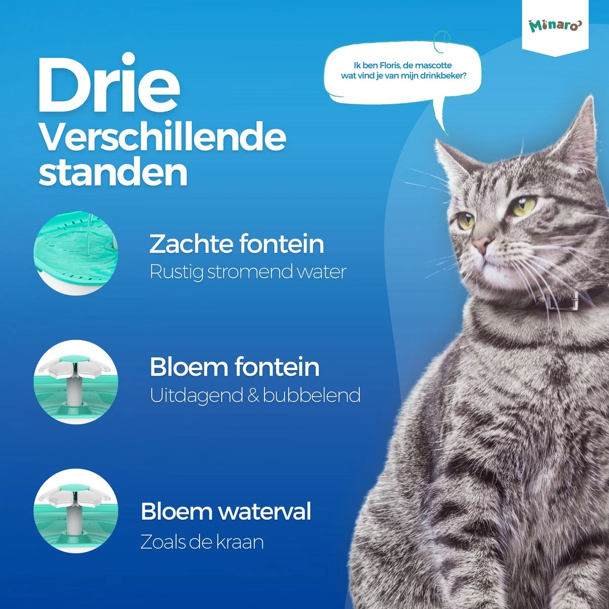 Minaro - Drinkfontein Kat - Drinkfontein Hond & Kat - Inclusief 4 Filters - Kattenfontein - Ultra Stil - Geruisloos - 2.5 Liter - Drinkbak Voor Dieren - Wit & Blauw 4 Minaro - Drinkfontein Kat - Drinkfontein Hond & Kat - Inclusief 4 Filters - Kattenfontein - Ultra Stil - Geruisloos - 2.5 Liter - Drinkbak Voor Dieren - Wit & Blauw - Afbeelding 2