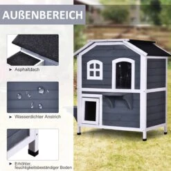 PawHut Kattenhuis Voor Buiten Kattenhut Met 2 Verdiepingen Kattenvilla, Asfaltdak, Massief Hout Grijs D30-236 -Huisdier Verkoop 1200x1200 2993