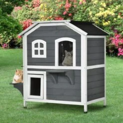 PawHut Kattenhuis Voor Buiten Kattenhut Met 2 Verdiepingen Kattenvilla, Asfaltdak, Massief Hout Grijs D30-236 -Huisdier Verkoop 1200x1200 2994