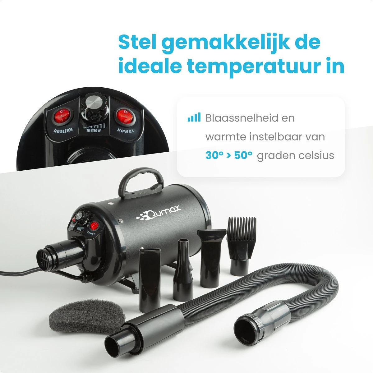 Qumax Professionele Hondenföhn Met 4 Opzetstukken – Waterblazer Voor Honden – Stil Design – Compact En Modern - Zwart 7 Qumax Professionele Hondenföhn Met 4 Opzetstukken – Waterblazer Voor Honden – Stil Design – Compact En Modern - Zwart - Afbeelding 5