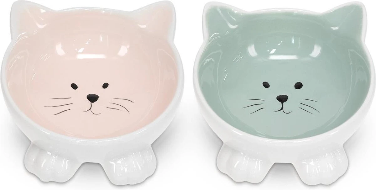 Navaris Voerbakjes Voor Katten - Set Van 2 Voer- En Waterbakken - Etensbak Van Keramiek - Met Antislip Voetjes - Kattenvorm - Roze/Groen 7 Navaris Voerbakjes Voor Katten - Set Van 2 Voer- En Waterbakken - Etensbak Van Keramiek - Met Antislip Voetjes - Kattenvorm - Roze/Groen - Afbeelding 5