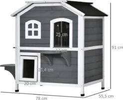 PawHut Kattenhuis Voor Buiten Kattenhut Met 2 Verdiepingen Kattenvilla, Asfaltdak, Massief Hout Grijs D30-236 -Huisdier Verkoop 1200x983 6