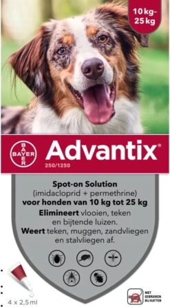 Bayer Advantix Spot On 250 Anti Vlooien En Teken Druppels Hond 10 - 25 Kg 4 Pipetten