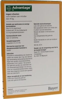 Bayer Advantage 40 Tegen Vlooien - <4kg - 4 X 0,4 Ml - Adult 30 Bayer Advantage 40 Tegen Vlooien - <4kg - 4 X 0,4 Ml - Adult -Huisdier Verkoop 752x1200 1