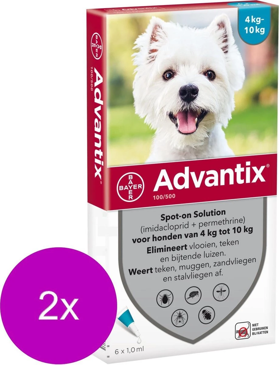 Bayer Advantix Vlooien & Teken Pipetten - Hond 4 Tot 10kg - 2 X 6 Stuks 4 Bayer Advantix Vlooien & Teken Pipetten - Hond 4 Tot 10kg - 2 X 6 Stuks - Afbeelding 2