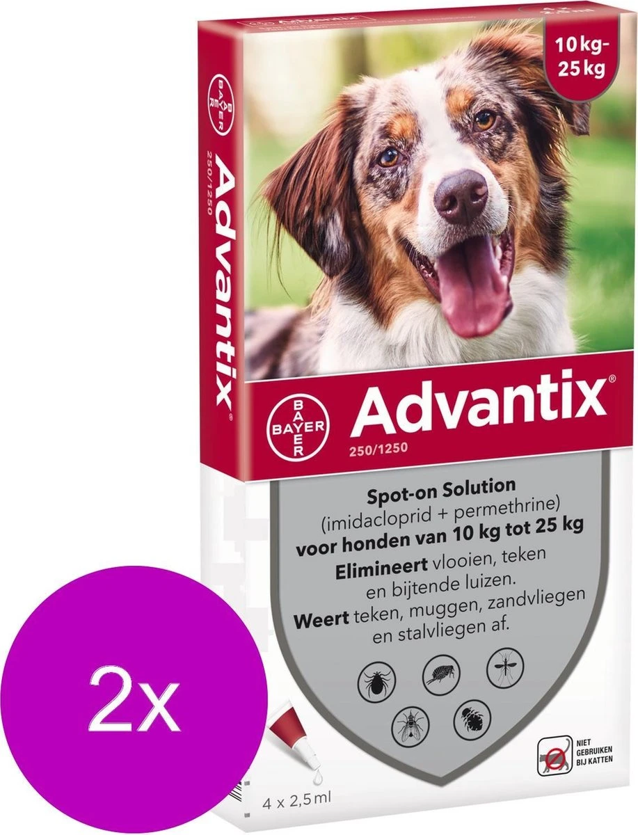 Bayer Advantix Vlooien & Teken Pipetten - Hond 10 Tot 25kg - 2 X 4 Stuks 4 Bayer Advantix Vlooien & Teken Pipetten - Hond 10 Tot 25kg - 2 X 4 Stuks - Afbeelding 2