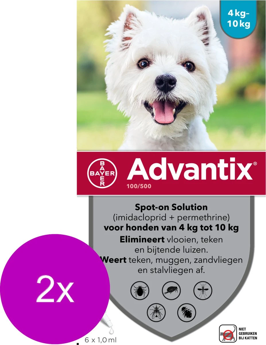 Bayer Advantix Vlooien & Teken Pipetten - Hond 4 Tot 10kg - 2 X 6 Stuks 3 Bayer Advantix Vlooien & Teken Pipetten - Hond 4 Tot 10kg - 2 X 6 Stuks