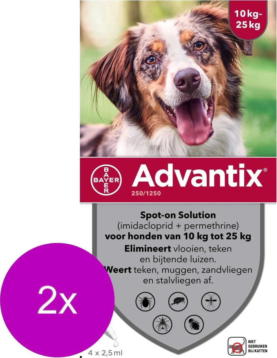 Bayer Advantix Vlooien & Teken Pipetten - Hond 10 Tot 25kg - 2 X 4 Stuks 5 Bayer Advantix Vlooien & Teken Pipetten - Hond 10 Tot 25kg - 2 X 4 Stuks - Afbeelding 3
