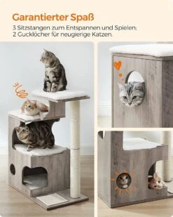 Songmics Krabpaal 86 Cm, Middelgrote Kattenkrabpaal Met 3 Ligvlakken En Grot, Kattenboom Van MDF Met Houtfineer, Sisalstam, Wasbare Kussens Van Pluche, Grijs-wit PCT070G01 -Huisdier Verkoop 960x1200 18